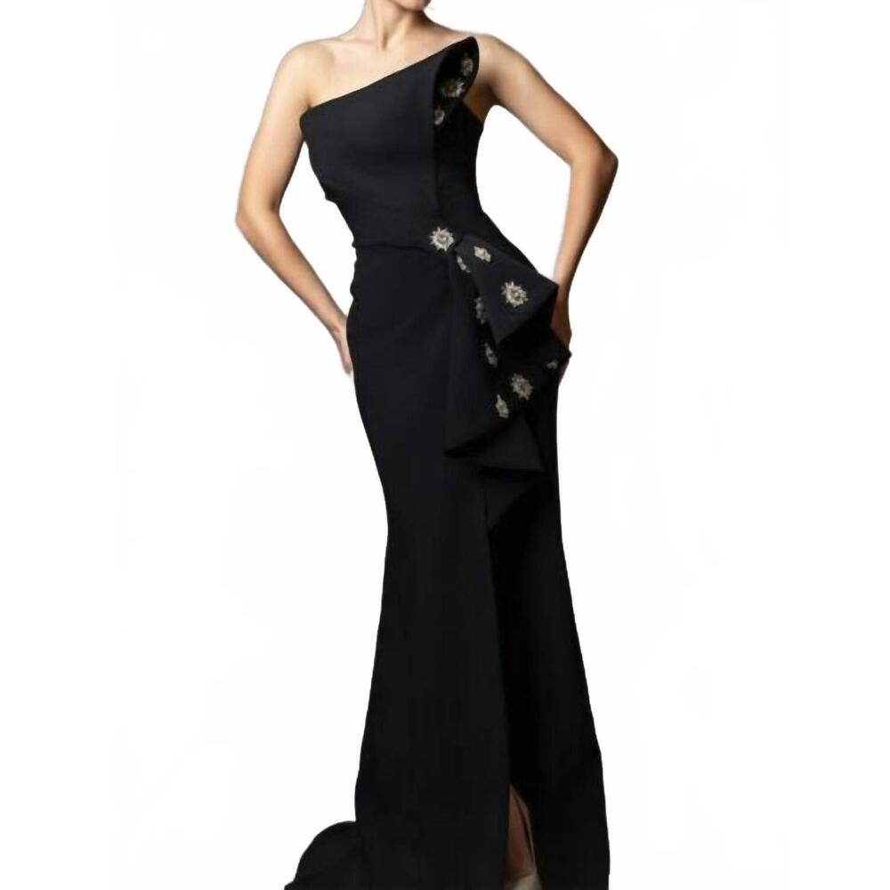 NEW MNM COUTURE asymmetric bow bodice high slit dress in black